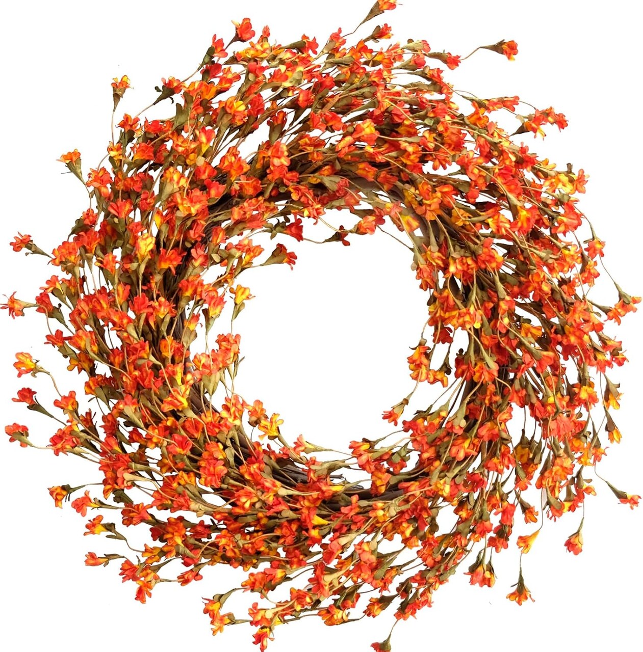 Fall Forsythia Wreath (20") Artificial Wreath for Front Door Hanging Wall Decoration Fall Harvest Thanksgiving Home Decor (Orange).